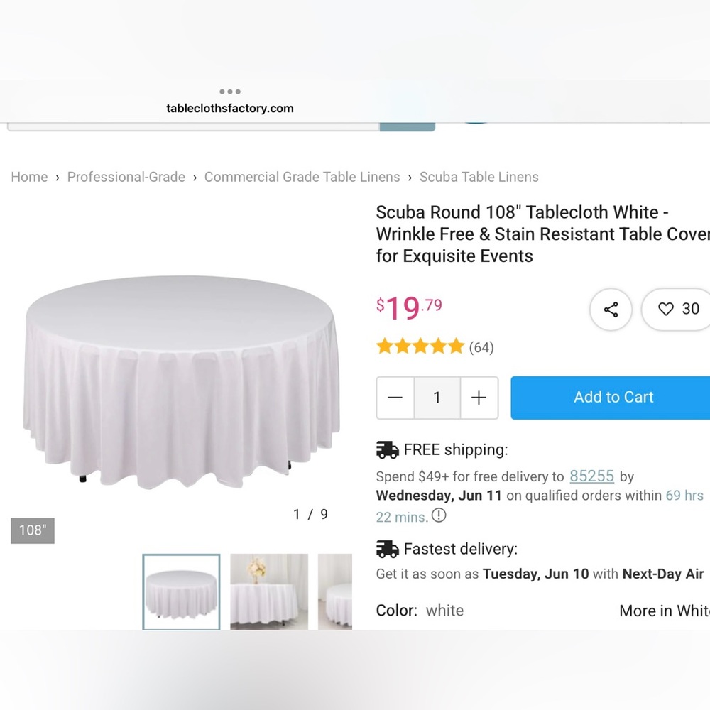 108” Round Wrinkle-Free Tablecloths